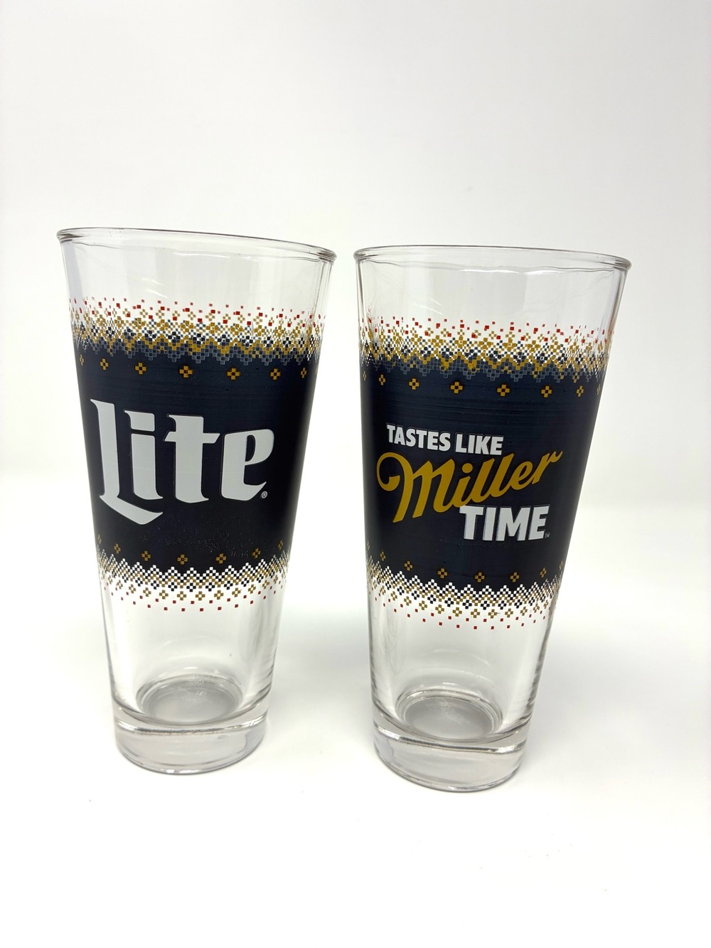 Miller Lite Pint Glasses Holiday Themed Knitwear Ugly Sweater Barware Brewery
